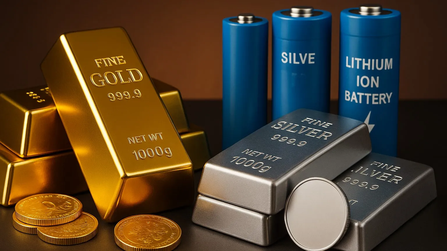 Gold and silver bullion bars, coins, and lithium-ion batteries symbolizing precious metal investments and industrial applications.
