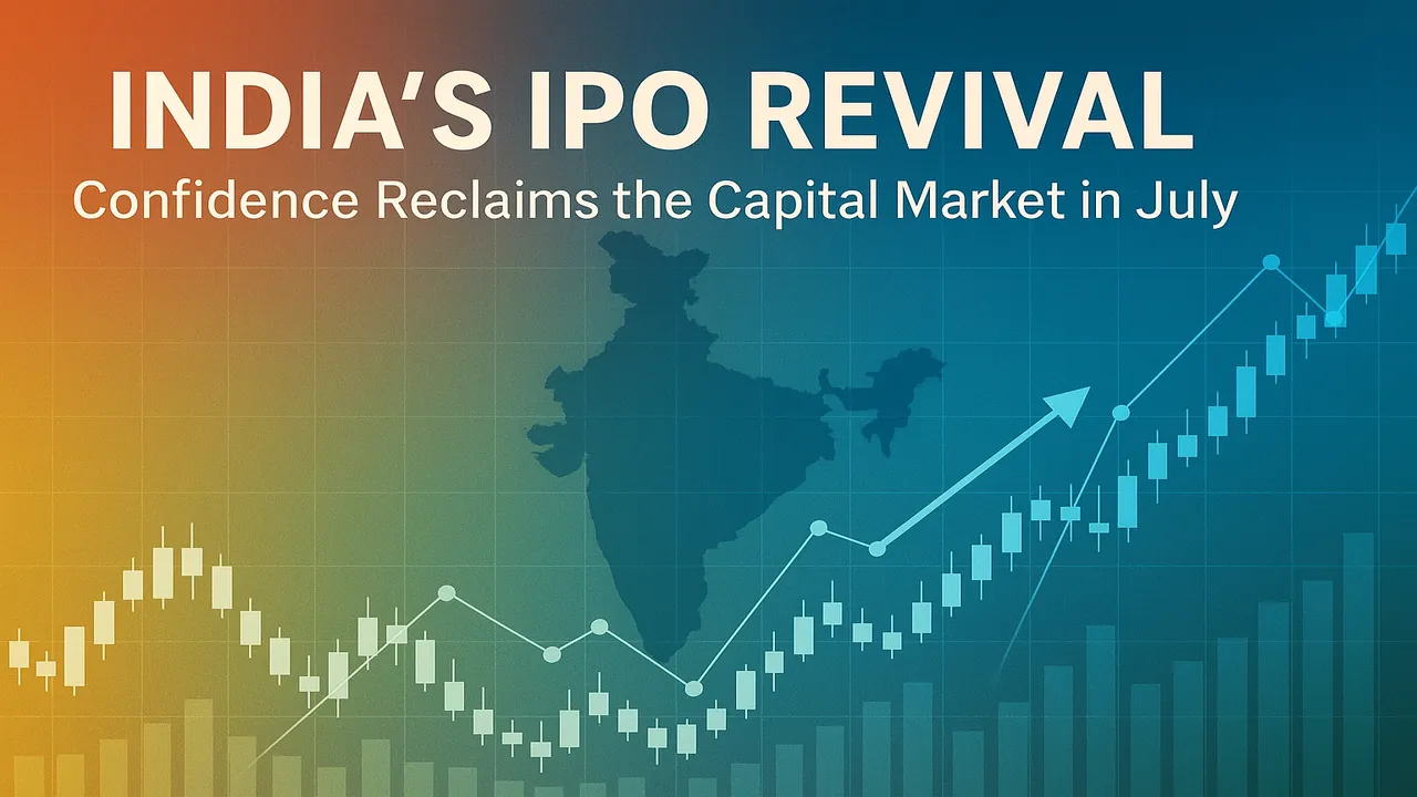 India's IPO Revival in July 2025 with bullish market trend and growth chart over India map