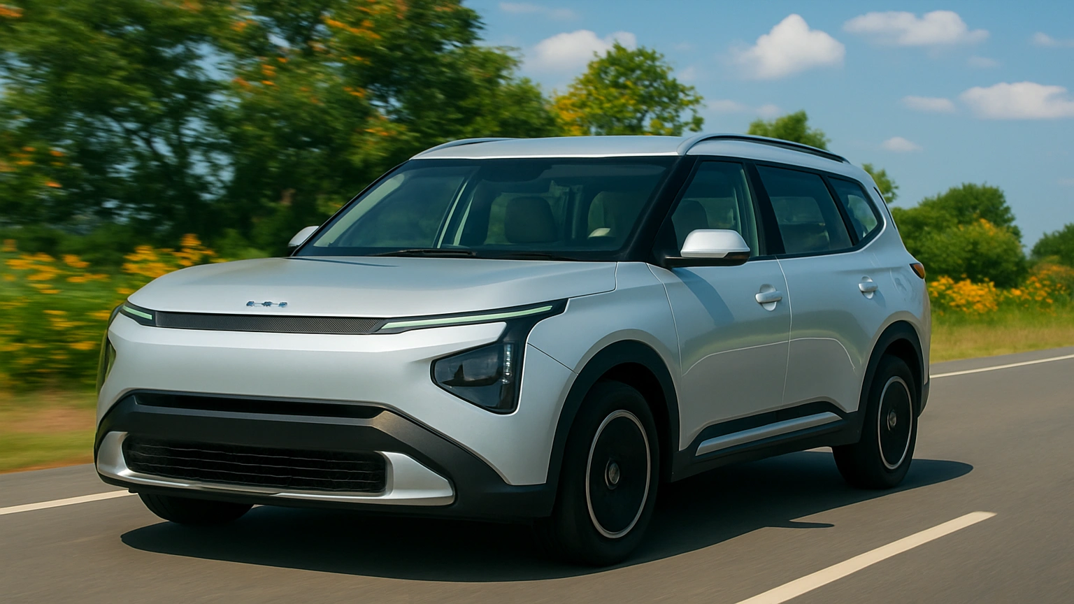 Kia Carens Clavis EV in silver driving on an open highway, showcasing its futuristic design and LED lighting signature.