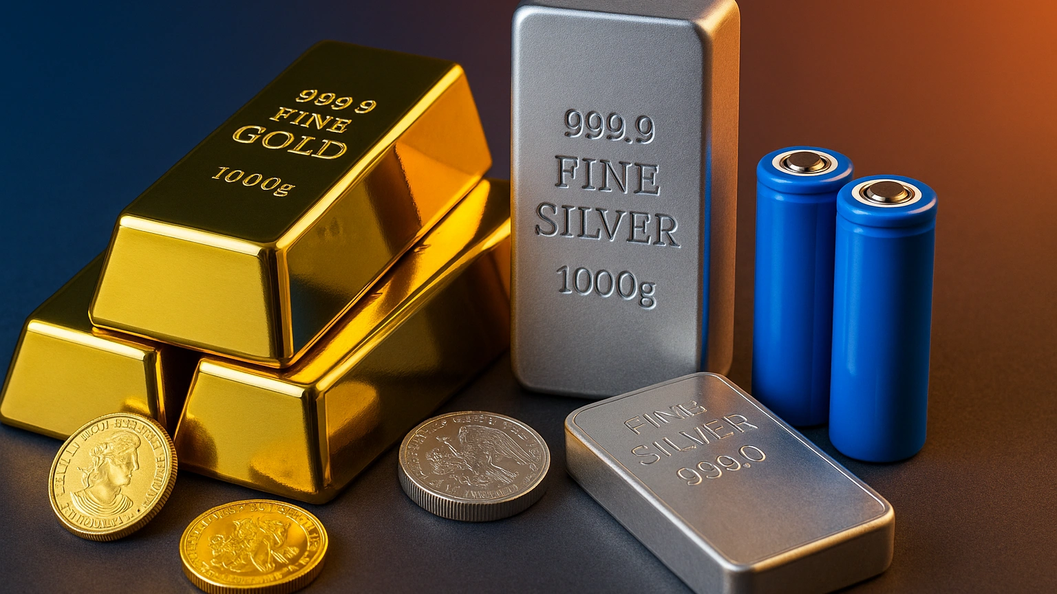 Gold and silver bars with coins and lithium-ion batteries on a colorful gradient background, symbolizing traditional and modern precious metal investments.