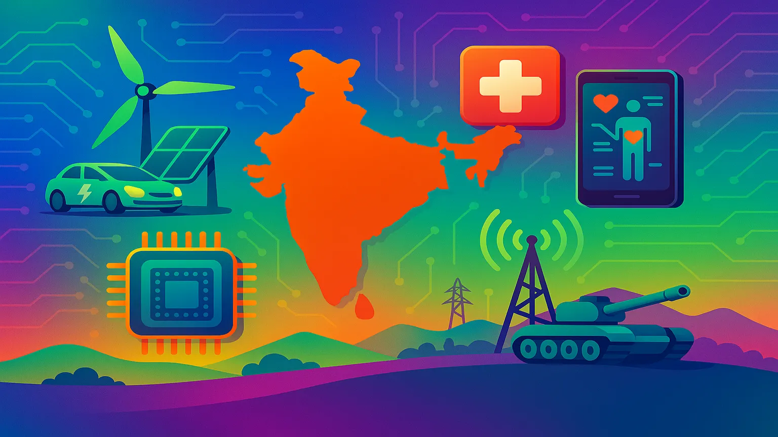 Colorful digital map of India with tech icons around it on a vibrant circuit-themed background.